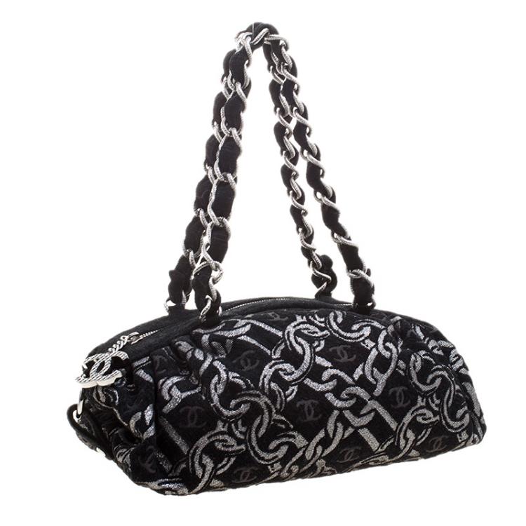 Pre Owned Chanel Black/Silver Denim Chain Print CC Satchel