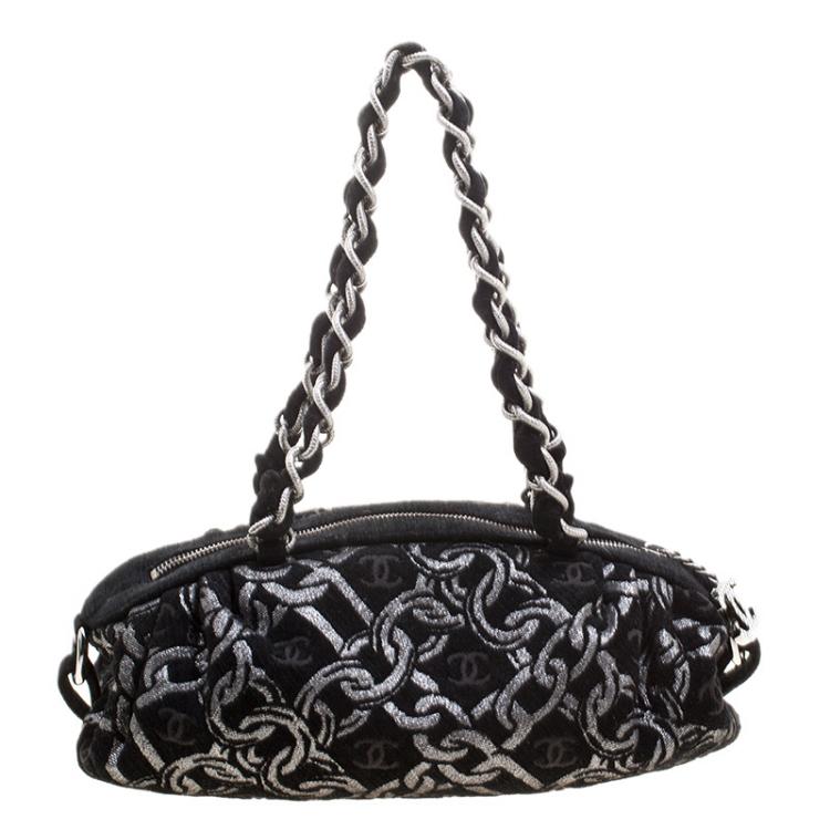 Pre Owned Chanel Black/Silver Denim Chain Print CC Satchel