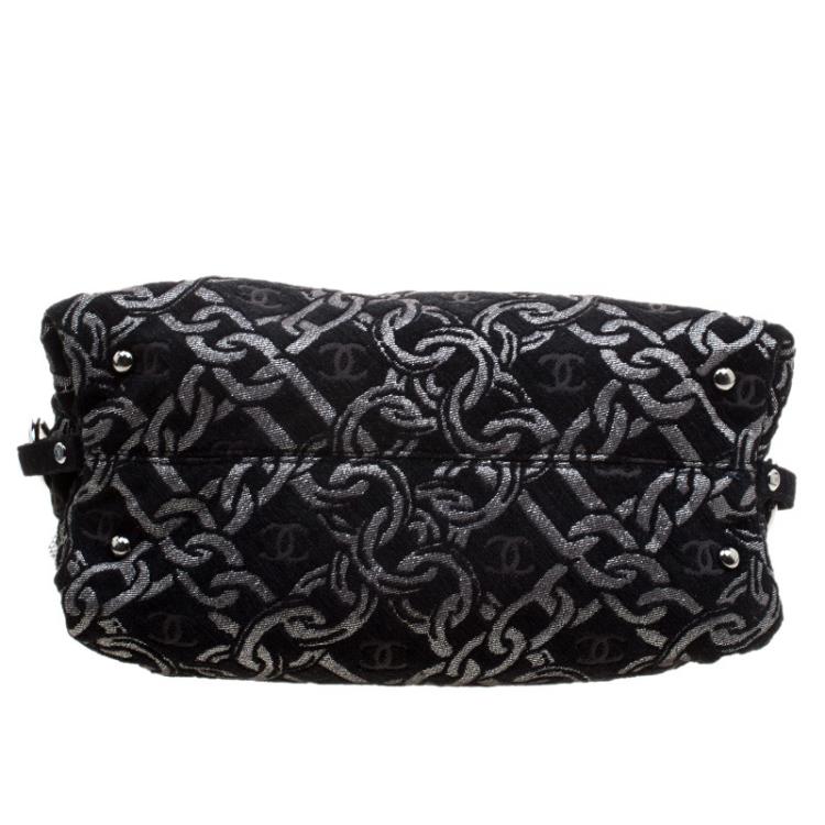 Pre Owned Chanel Black/Silver Denim Chain Print CC Satchel