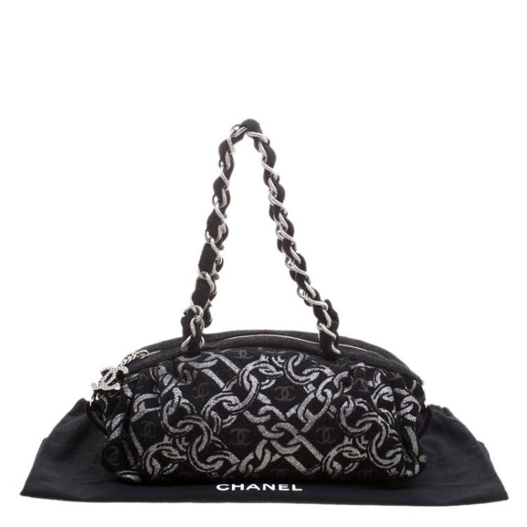 Pre Owned Chanel Black/Silver Denim Chain Print CC Satchel