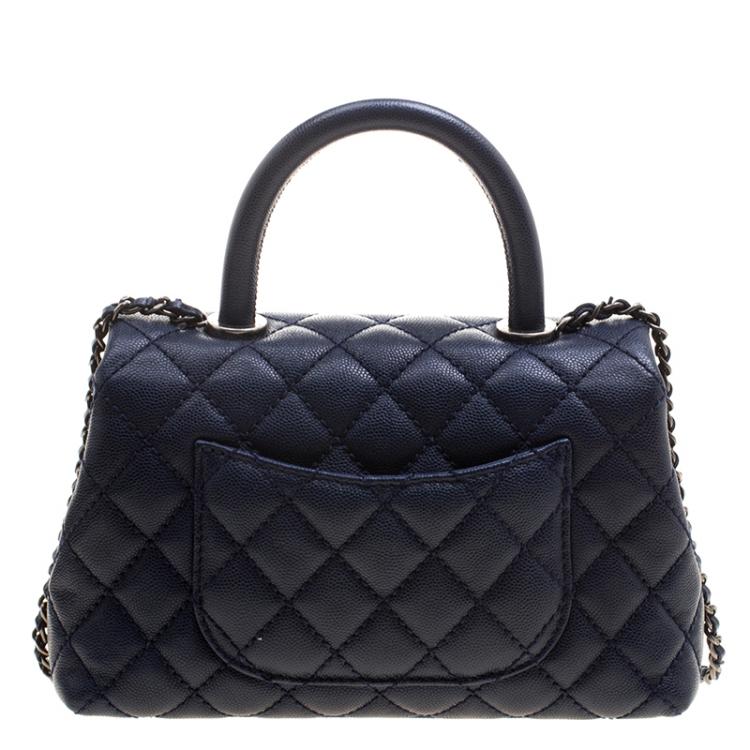 Pre Owned Chanel Navy Blue Quilted Caviar Leather Mini Coco Top Handle Bag