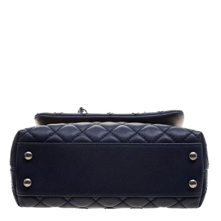 Pre Owned Chanel Navy Blue Quilted Caviar Leather Mini Coco Top Handle Bag