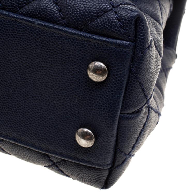 Pre Owned Chanel Navy Blue Quilted Caviar Leather Mini Coco Top Handle Bag
