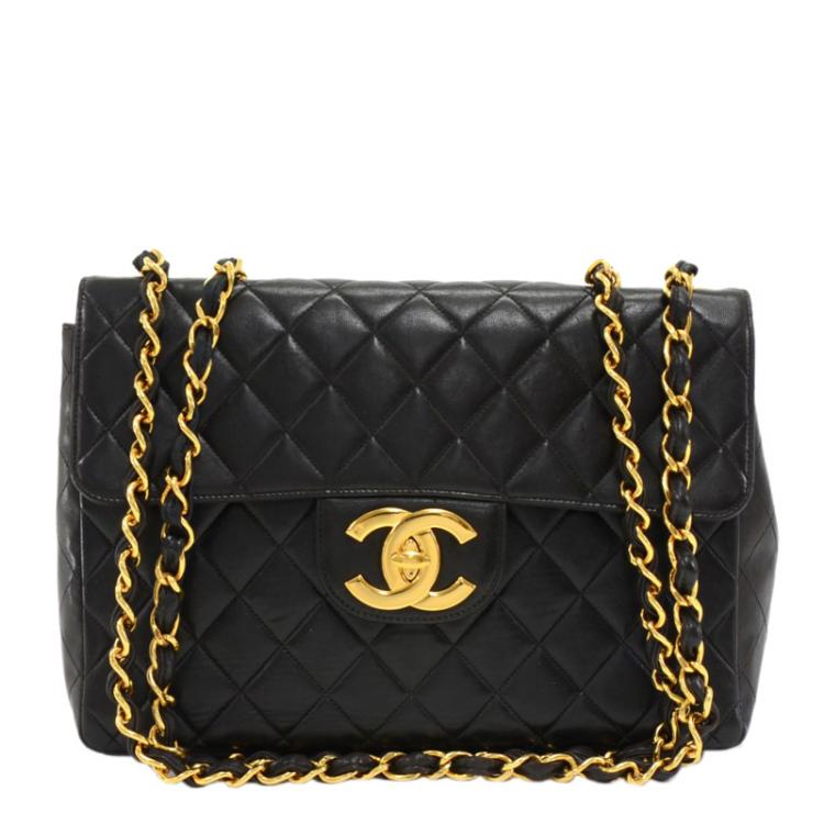 Pre Owned Chanel Black Quilted Leather Jumbo Vintage Classic Flap Bag