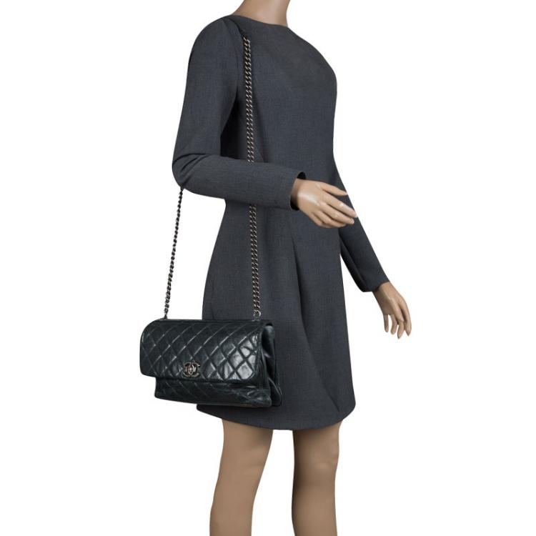 Pre Owned Chanel Dark Green Quilted Leather Classic Flap Shoulder Bag