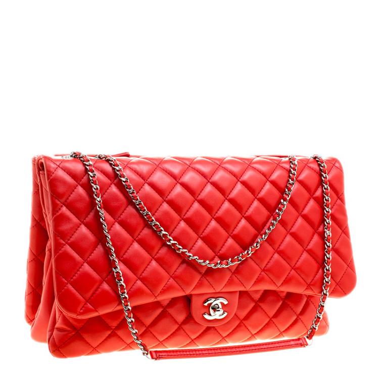 Pre Owned Chanel Red Quilted Leather Maxi 3 Classic Flap Bag