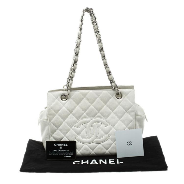Pre Owned Chanel White Quilted Caviar Leather Petite Timeless Shopper Tote