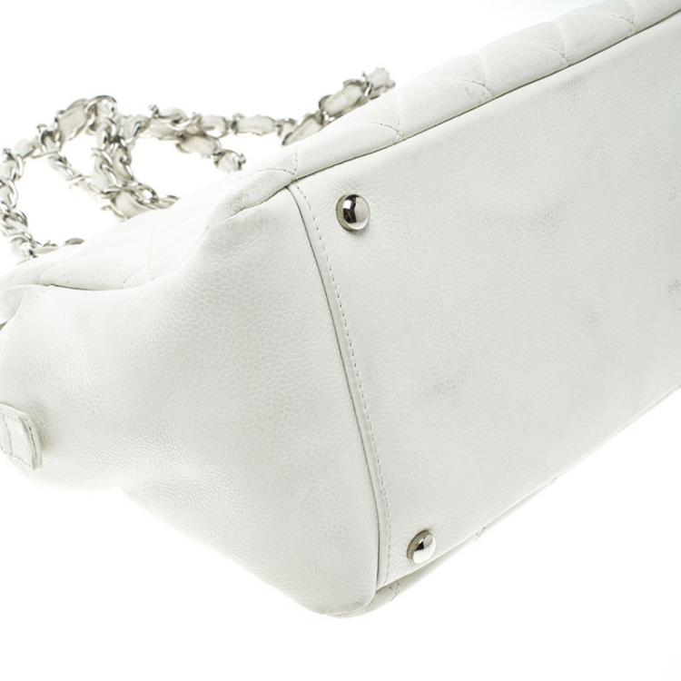 Pre Owned Chanel White Quilted Caviar Leather Petite Timeless Shopper Tote