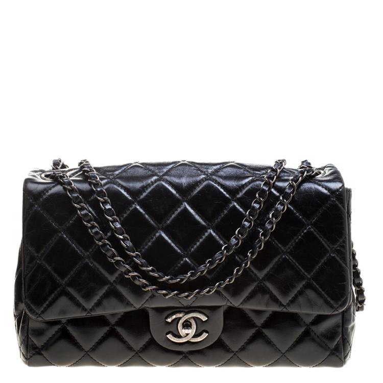 Pre Owned Chanel Black Quilted Leather Jumbo Classic Single Flap Bag