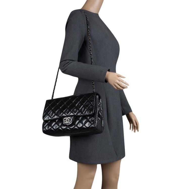 Pre Owned Chanel Black Quilted Leather Jumbo Classic Single Flap Bag