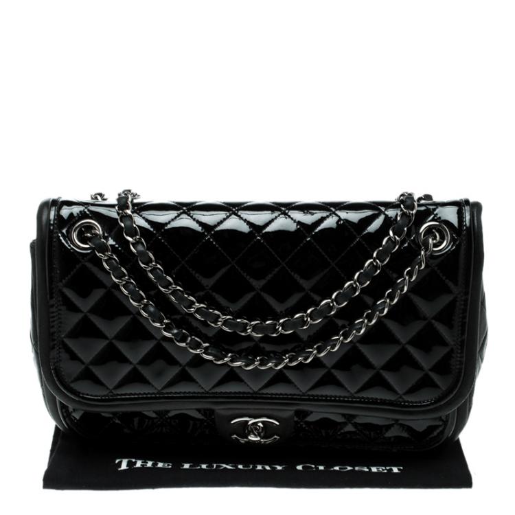 Pre Owned Chanel Black Quilted Patent Leather Classic Flap Bag