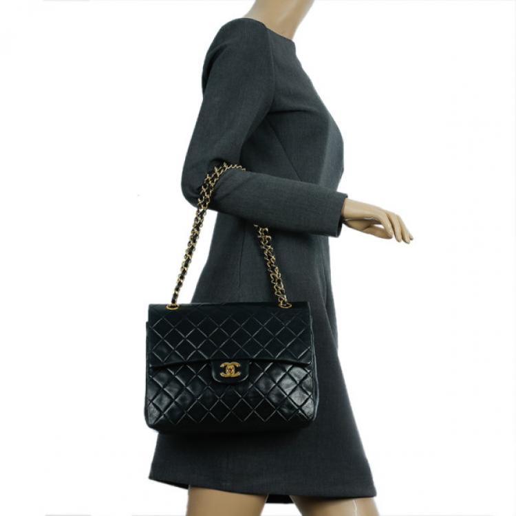 Pre Owned Chanel Black Lambskin Jumbo Classic Single Flap Shoulder Bag