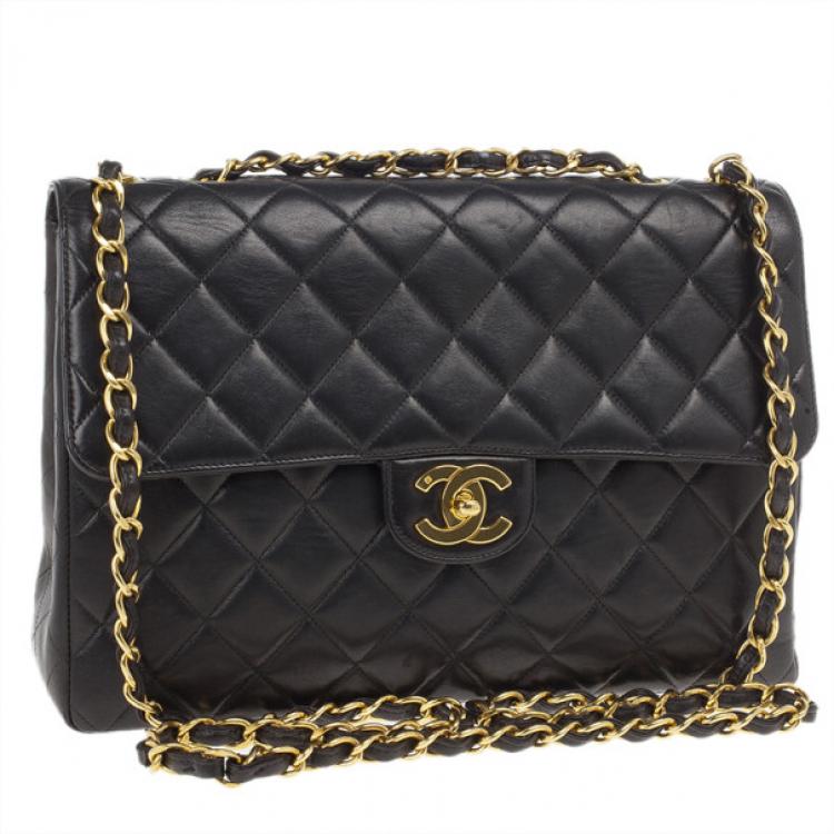 Pre Owned Chanel Black Lambskin Jumbo Classic Single Flap Shoulder Bag