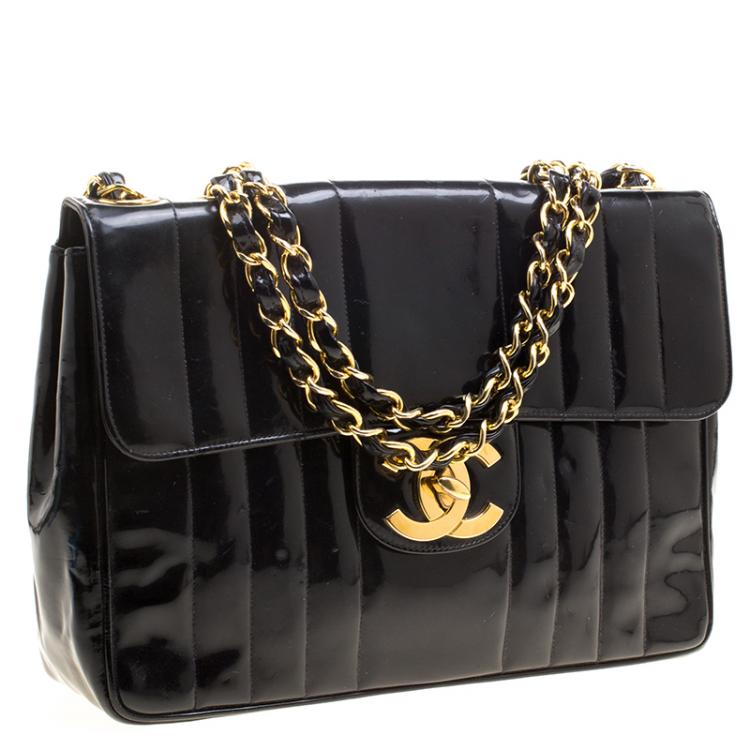 Pre Owned Chanel Black Vertical Quilted Patent Leather XL Jumbo Classic Flap Bag