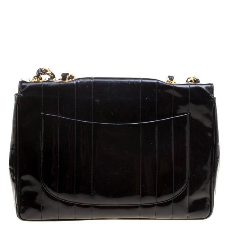Pre Owned Chanel Black Vertical Quilted Patent Leather XL Jumbo Classic Flap Bag