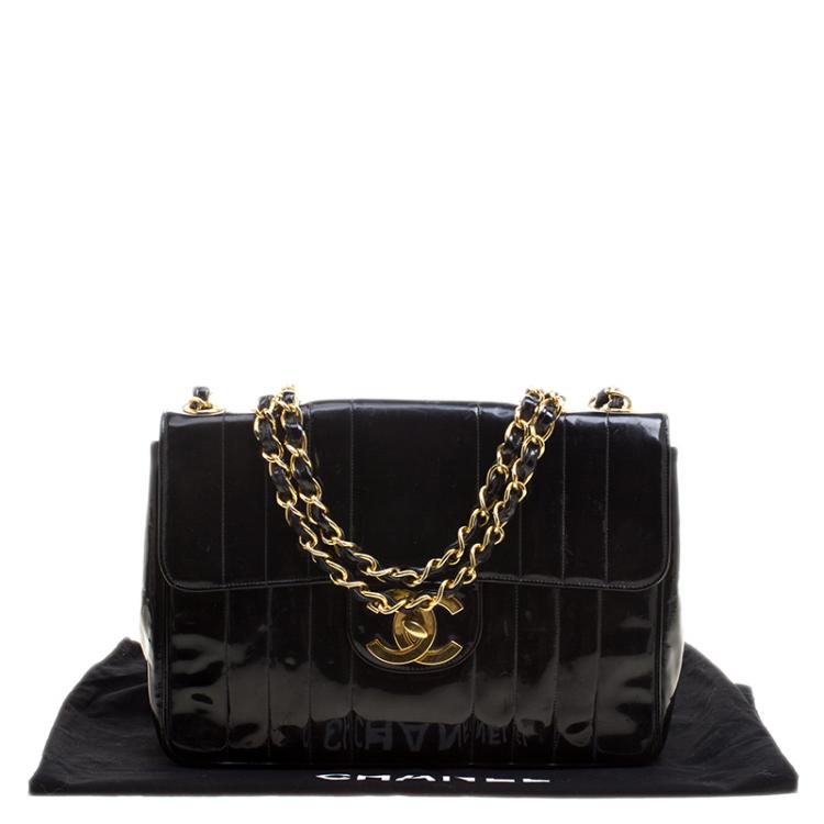 Pre Owned Chanel Black Vertical Quilted Patent Leather XL Jumbo Classic Flap Bag