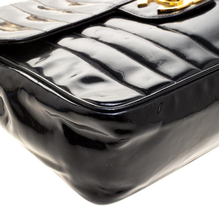 Pre Owned Chanel Black Vertical Quilted Patent Leather XL Jumbo Classic Flap Bag