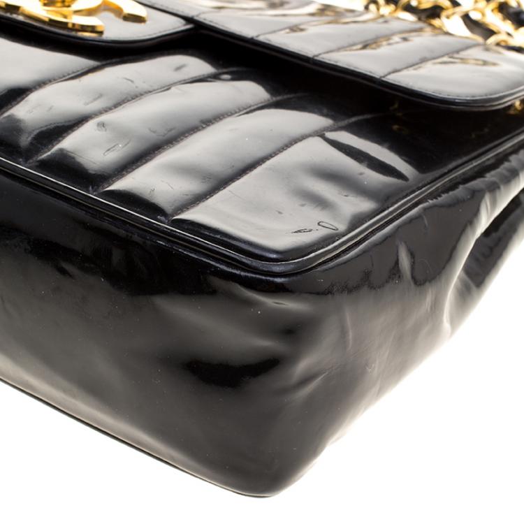 Pre Owned Chanel Black Vertical Quilted Patent Leather XL Jumbo Classic Flap Bag