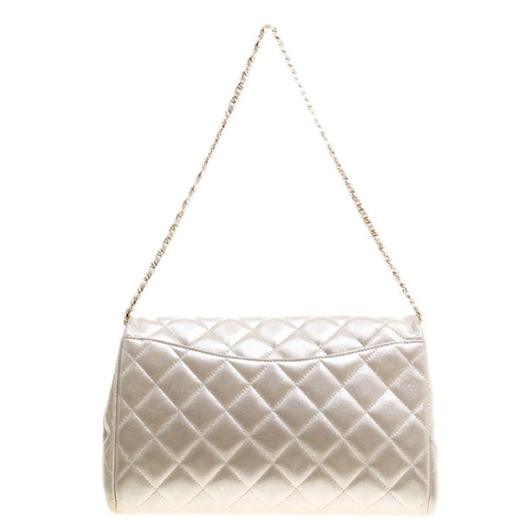 Pre Owned Chanel Light Gold Quilted Leather Classic Single Flap Bag