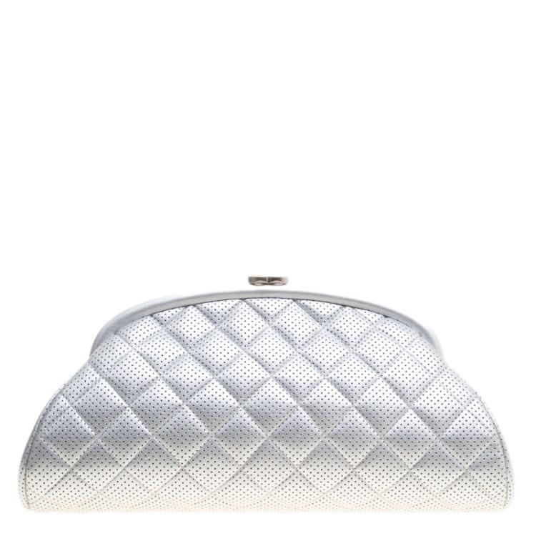 Chanel Silver Quilted Perforated Leather Timeless Classic Clutch Chanel