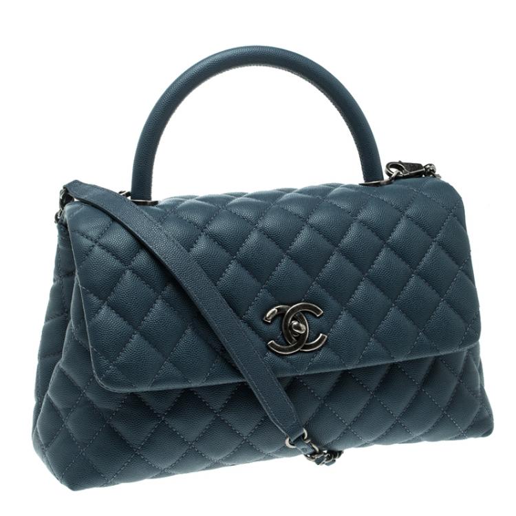 Pre Owned Chanel Blue Quilted Caviar Leather Small Coco Top Handle Bag