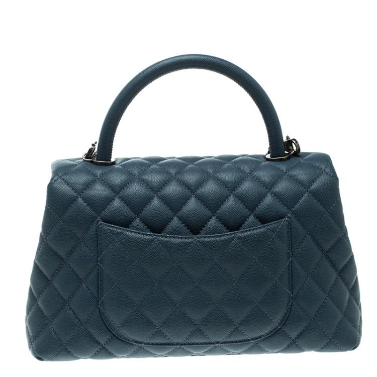 Pre Owned Chanel Blue Quilted Caviar Leather Small Coco Top Handle Bag