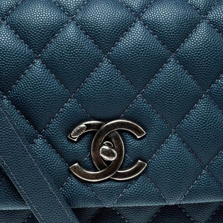 Pre Owned Chanel Blue Quilted Caviar Leather Small Coco Top Handle Bag