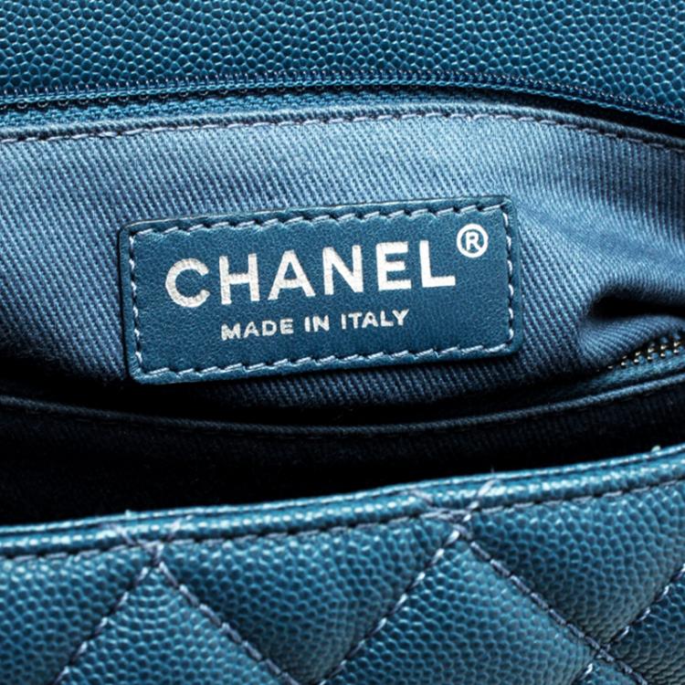 Pre Owned Chanel Blue Quilted Caviar Leather Small Coco Top Handle Bag