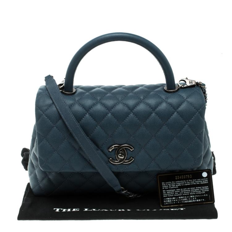 Pre Owned Chanel Blue Quilted Caviar Leather Small Coco Top Handle Bag