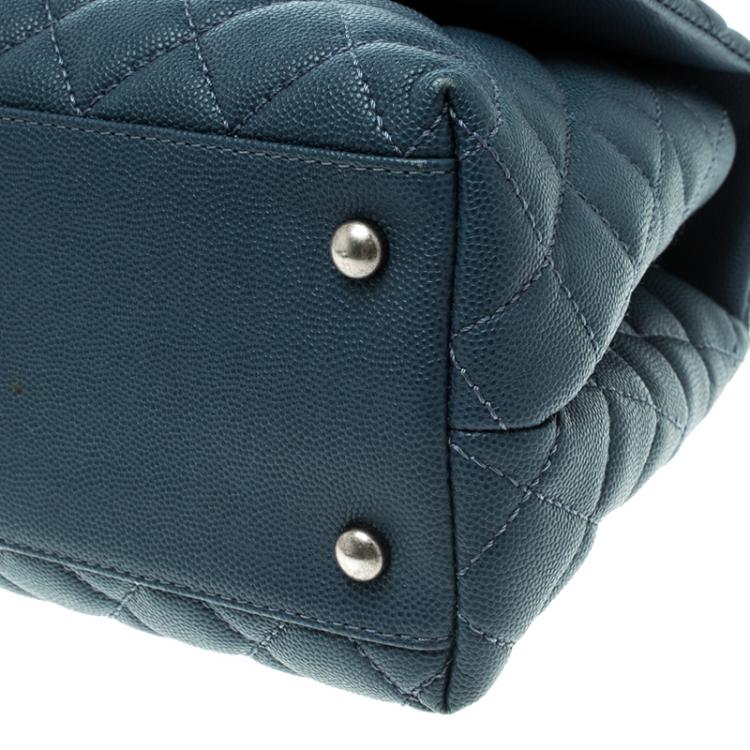 Pre Owned Chanel Blue Quilted Caviar Leather Small Coco Top Handle Bag