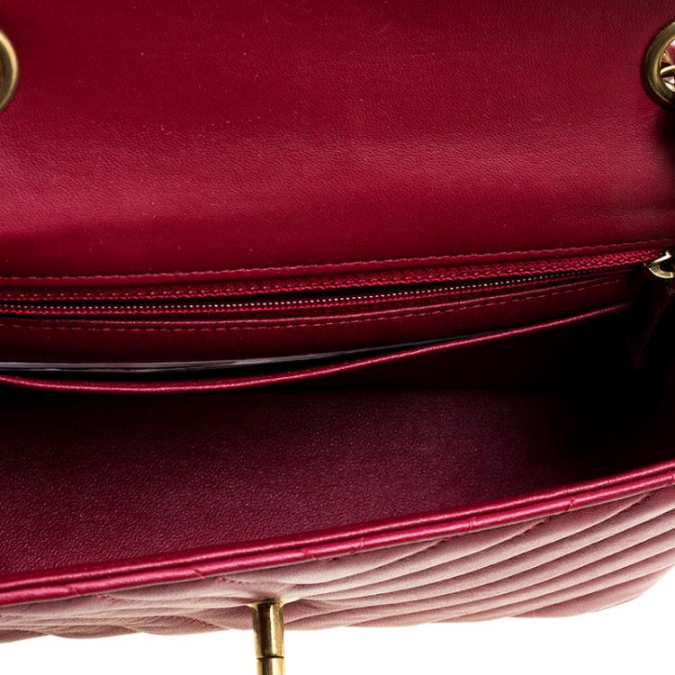 Pre Owned Chanel Dark Red Chevron Leather New Mini Classic Flap Bag