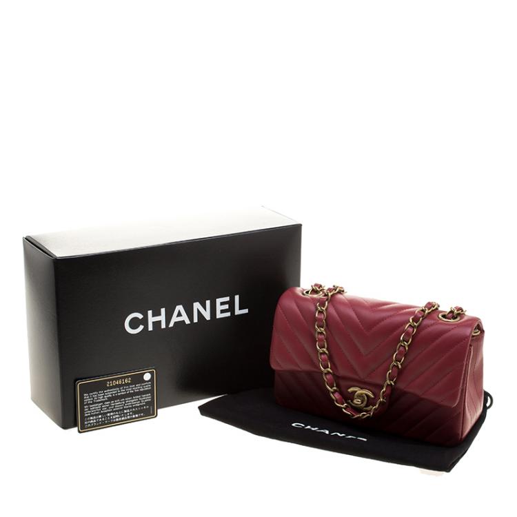 Pre Owned Chanel Dark Red Chevron Leather New Mini Classic Flap Bag
