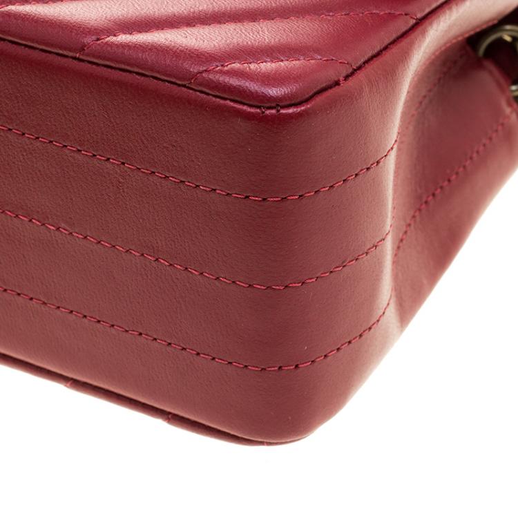 Pre Owned Chanel Dark Red Chevron Leather New Mini Classic Flap Bag
