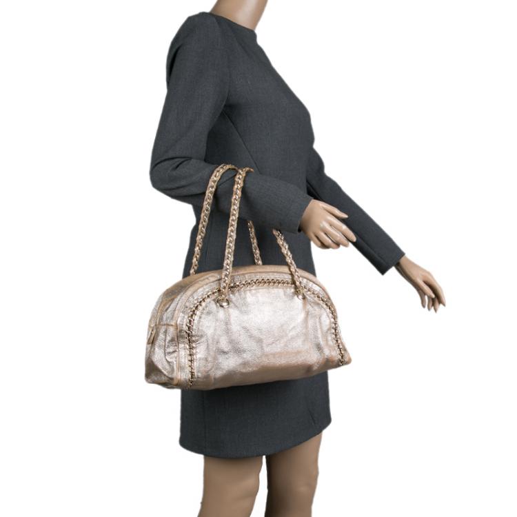 Pre Owned Chanel Metallic Gold Leather Medium Chain Trim Luxe Ligne Bowler Boston Bag