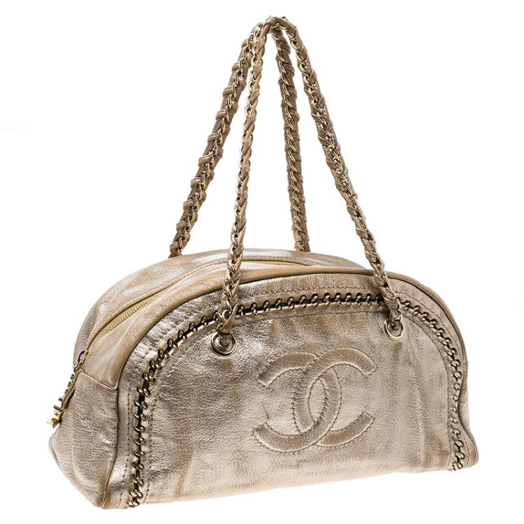 Pre Owned Chanel Metallic Gold Leather Medium Chain Trim Luxe Ligne Bowler Boston Bag