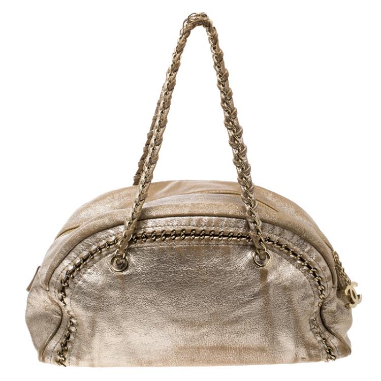 Pre Owned Chanel Metallic Gold Leather Medium Chain Trim Luxe Ligne Bowler Boston Bag
