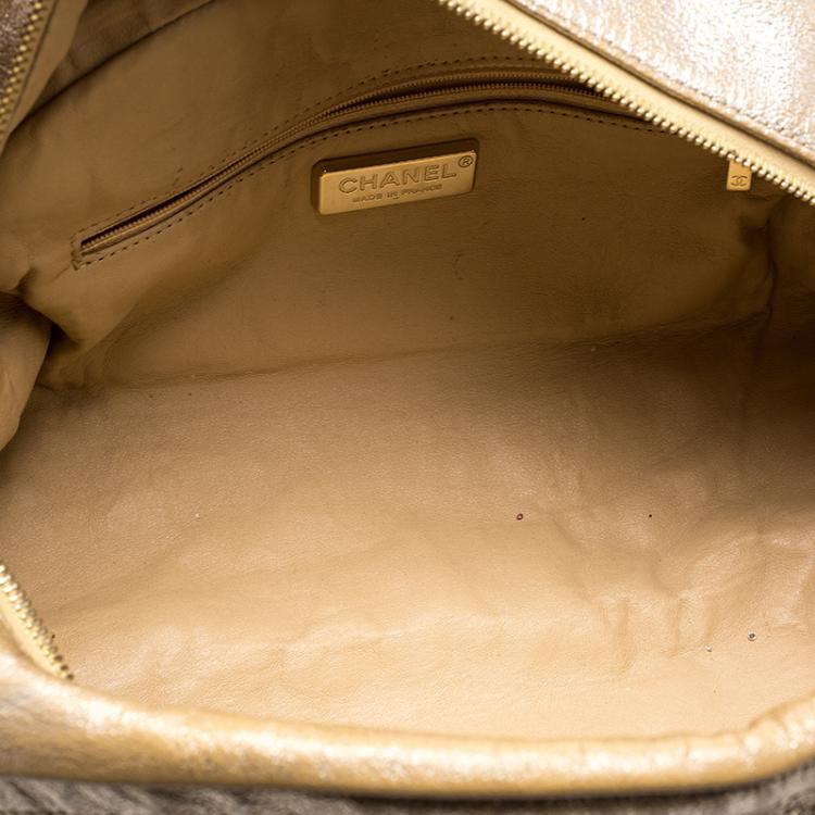 Pre Owned Chanel Metallic Gold Leather Medium Chain Trim Luxe Ligne Bowler Boston Bag