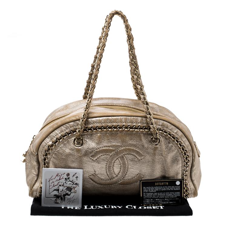 Pre Owned Chanel Metallic Gold Leather Medium Chain Trim Luxe Ligne Bowler Boston Bag