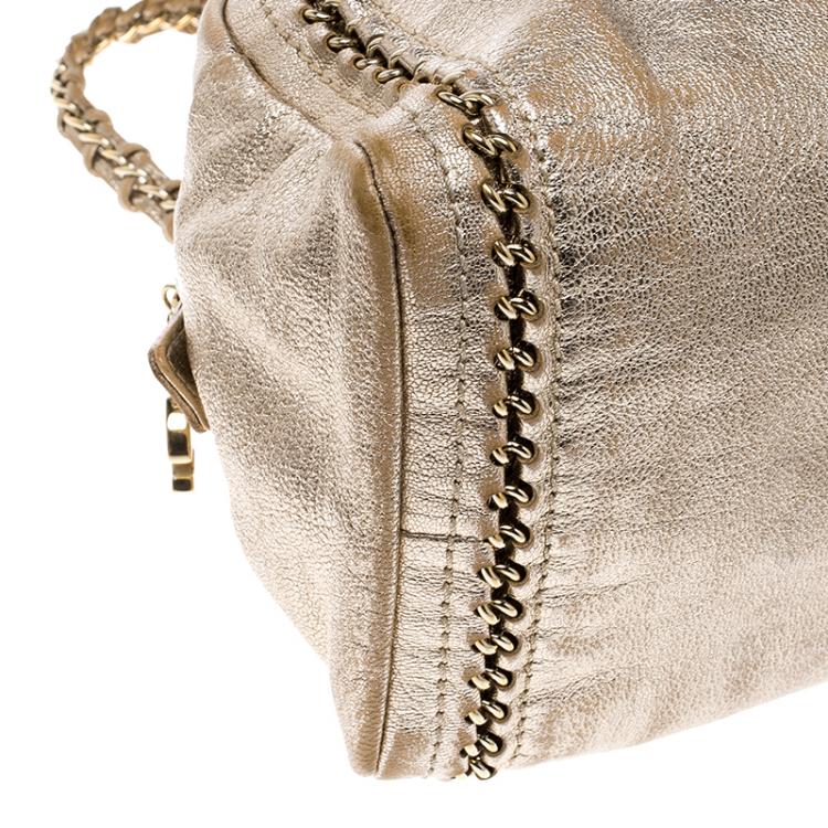 Pre Owned Chanel Metallic Gold Leather Medium Chain Trim Luxe Ligne Bowler Boston Bag