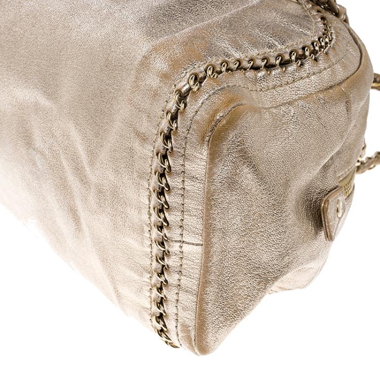 Pre Owned Chanel Metallic Gold Leather Medium Chain Trim Luxe Ligne Bowler Boston Bag