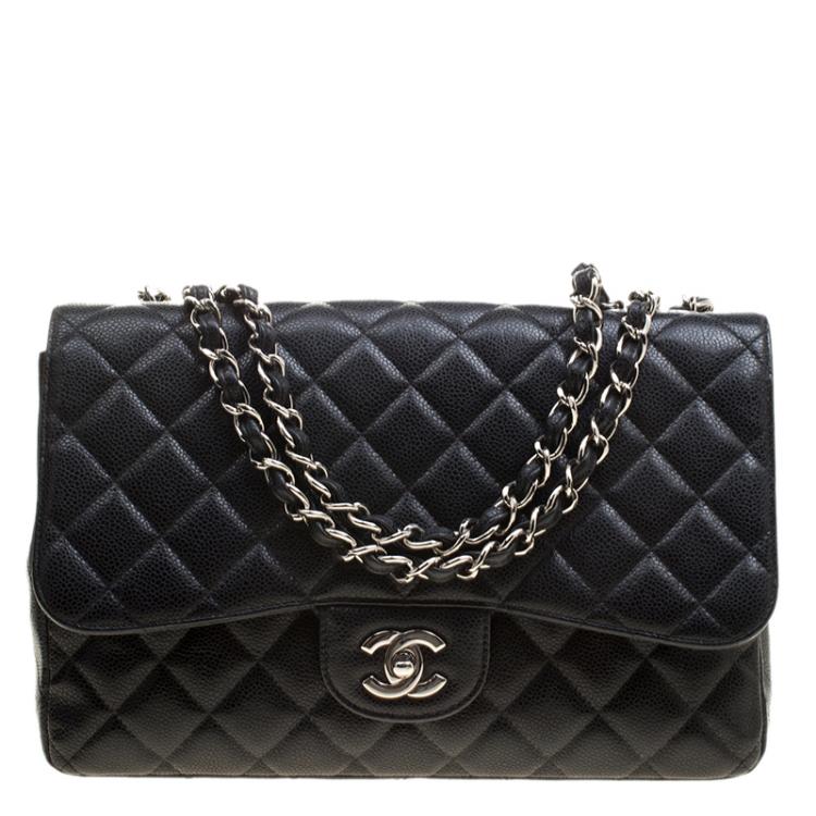 Pre Owned Chanel Black Quilted Leather Jumbo Classic Single Flap Bag