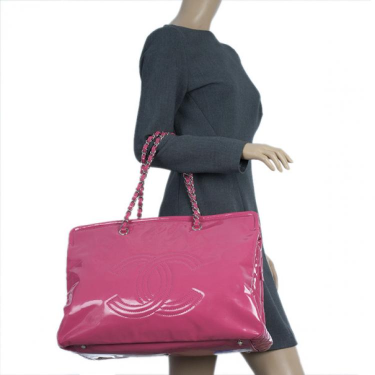 Chanel Fuschia Pink Patent Leather CC Logo Shopping Tote Chanel