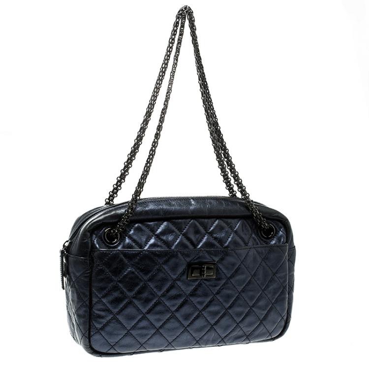 Pre Owned Chanel Metallic Blue Quilted Leather Medium Reissue Camera Bag