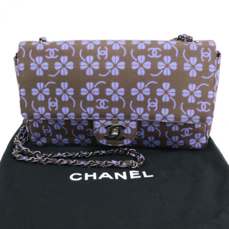 Pre Owned Chanel Brown Nylon Four Leave Clover Single Flap Shoulder Bag