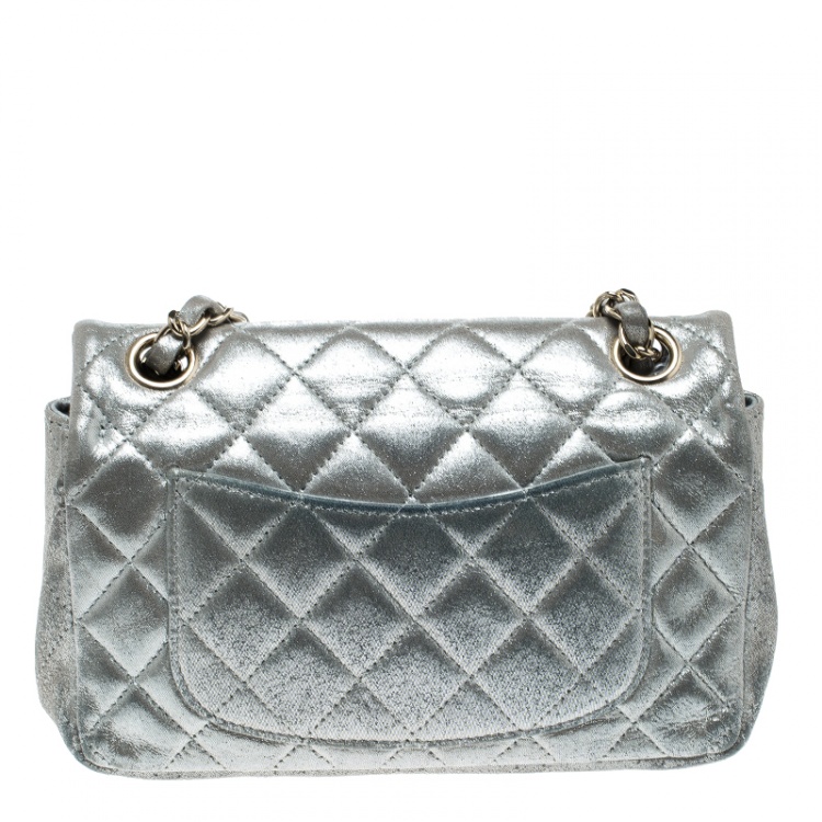 Pre Owned Chanel Silver Quilted Leather New Mini Classic Single Flap Bag