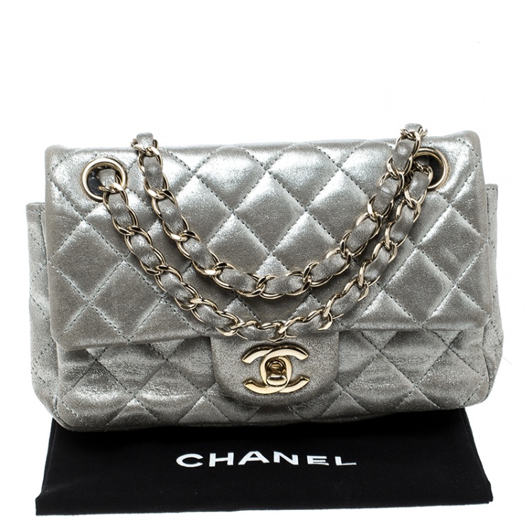Pre Owned Chanel Silver Quilted Leather New Mini Classic Single Flap Bag