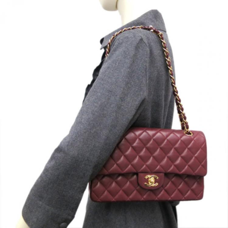 Chanel Maroon Lambskin Matelasse Medium Double Flap Shoulder Bag