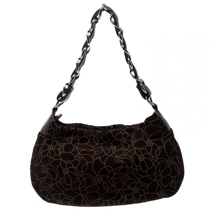 Pre Owned Chanel Brown Suede Camellia Embossed Hobo