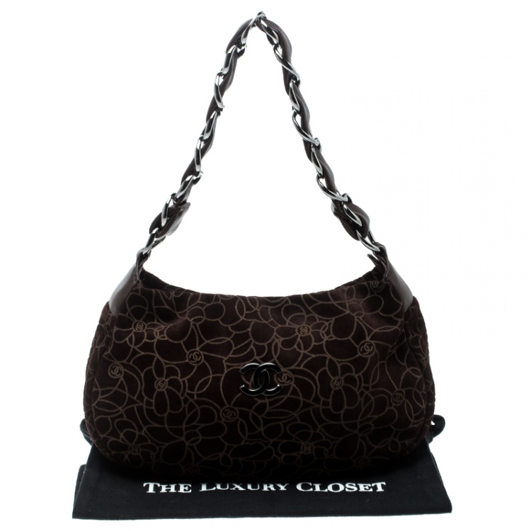 Pre Owned Chanel Brown Suede Camellia Embossed Hobo