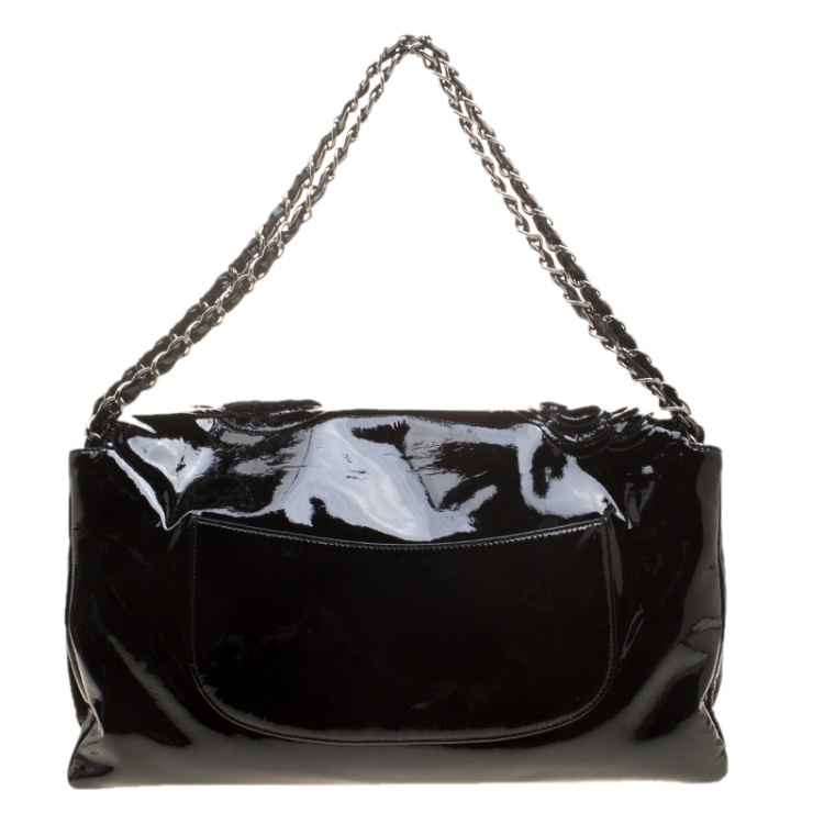 Pre Owned Chanel Black Patent Leather Camellia Accordion 3 Classic Flap Bag